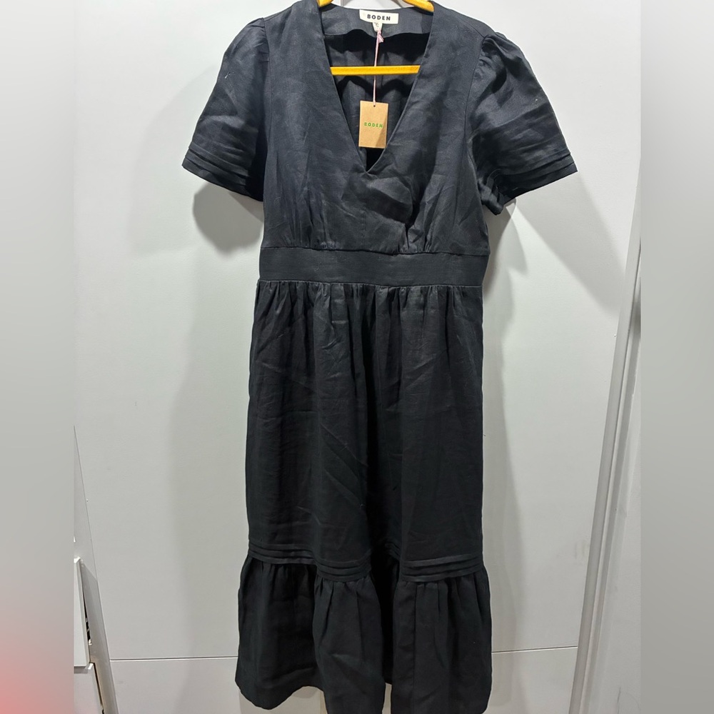 Boden Black Linen Puff Sleeve Midi Dress NWT Women’s US 12L - Picture 2 of 7